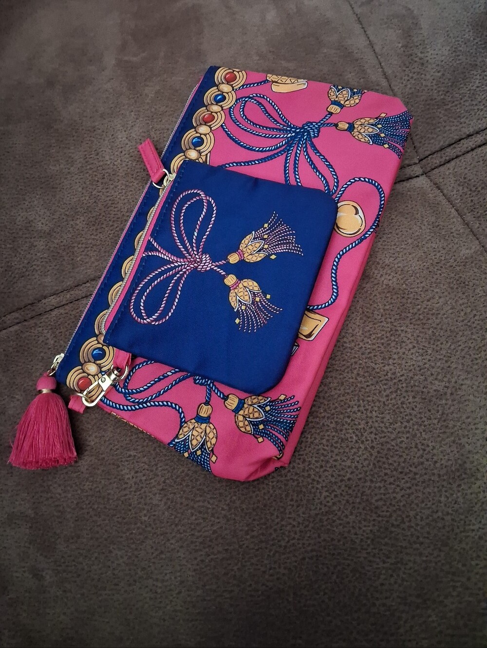 Estee Lauder Pink and Blue Printed Tassel Makeup Bag Set